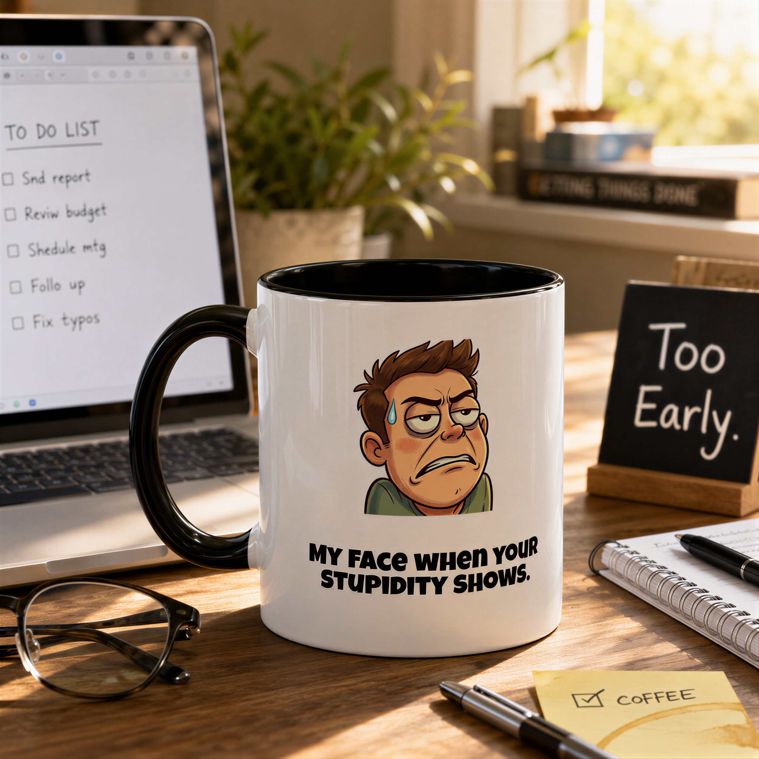 a mug with a cartoon character on it, placed on a desk with a laptop, glasses, and a notebook.