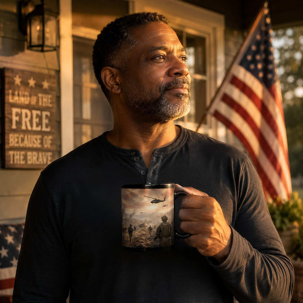 A man holding a mug with an image of soldiers on a field, standing in front of an American flag.