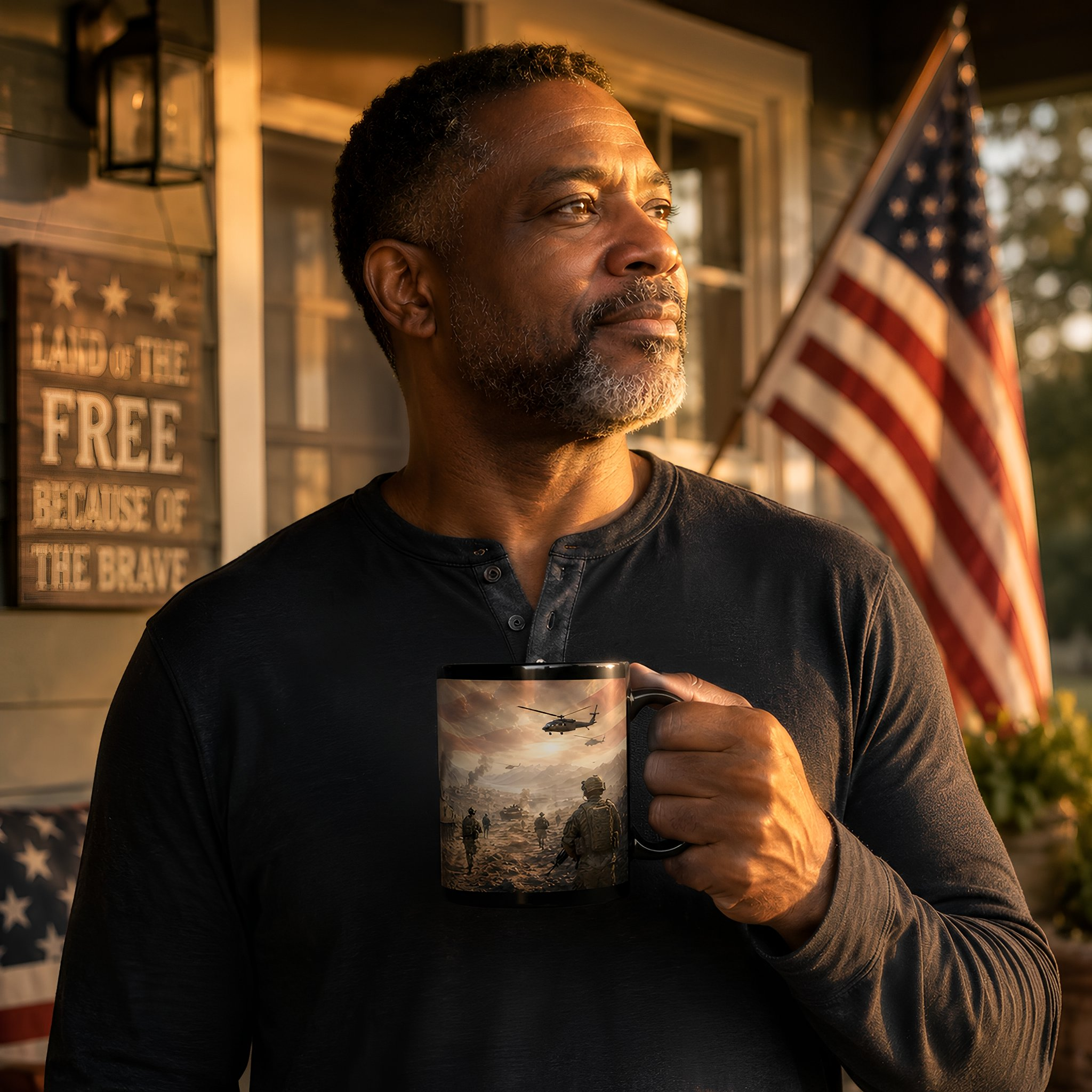 A man holding a mug with an image of soldiers on a field, standing in front of an American flag.