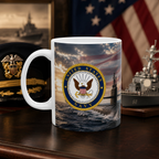 A white mug with a design featuring the United States Navy seal and a naval ship, placed on a wooden surface.