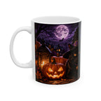 Halloween Black Cat Ceramic Mug (11oz & 15oz) - Witch Hat, Spooky Night Design