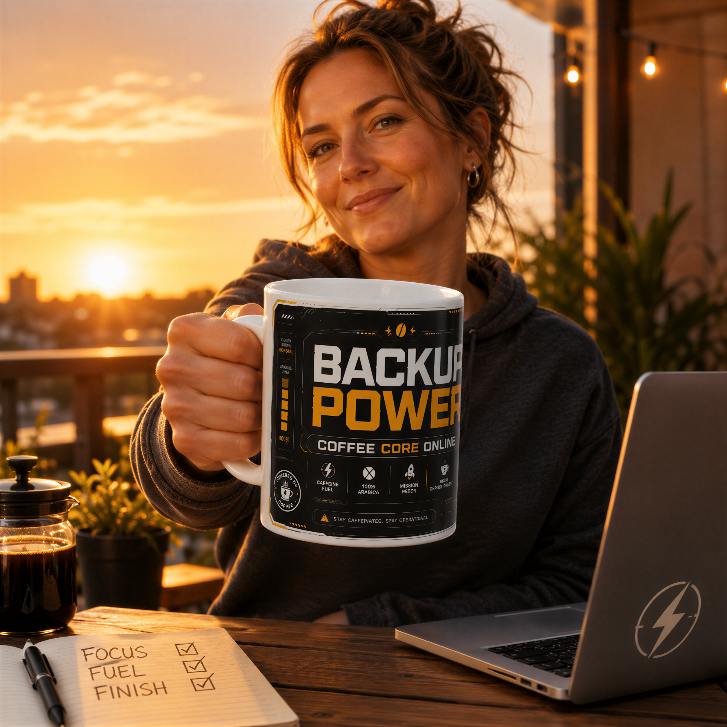 A woman is sitting at a table, holding a mug with the text "BACKUP POWER COFFEE ONLINE" printed on it. She is smiling and appears to be enjoying her coffee.