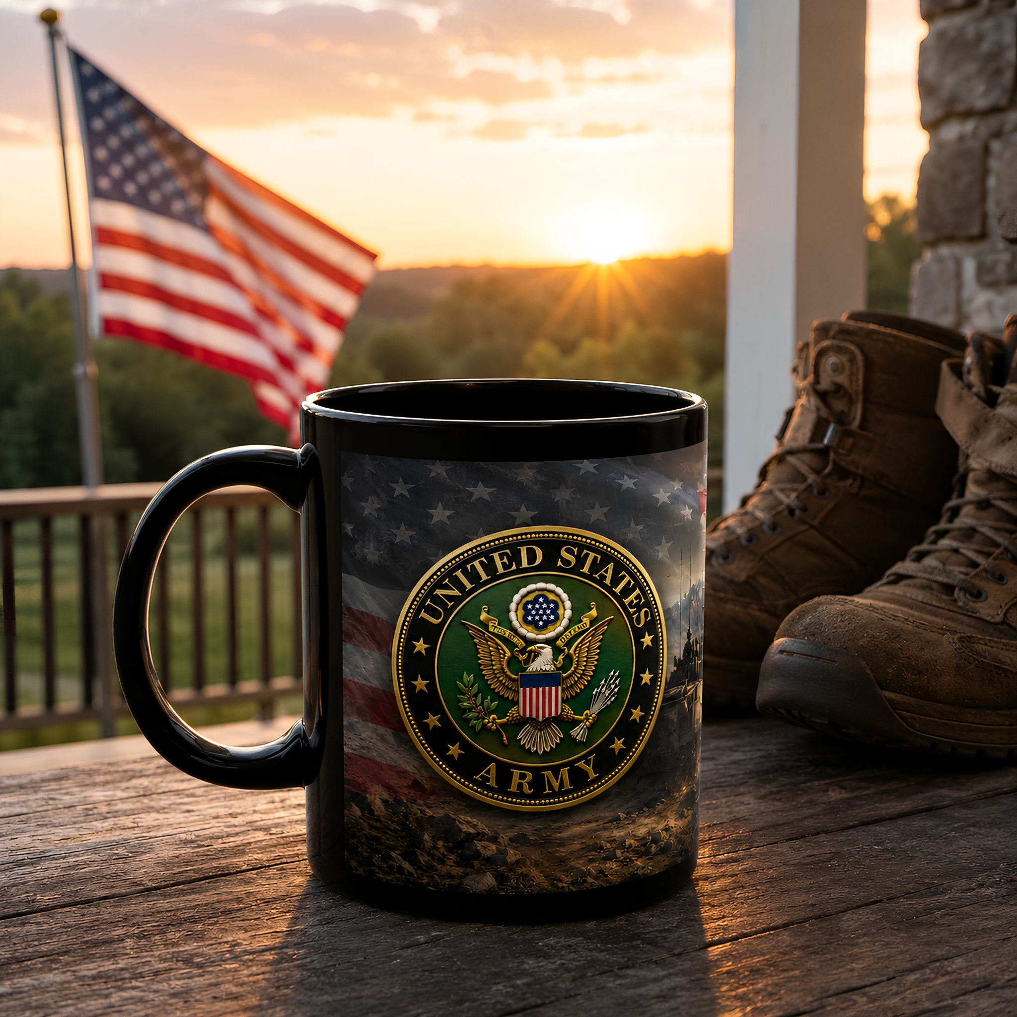 A black mug with the United States Army seal sits on a wooden surface, with a pair of boots and an American flag visible in the background.