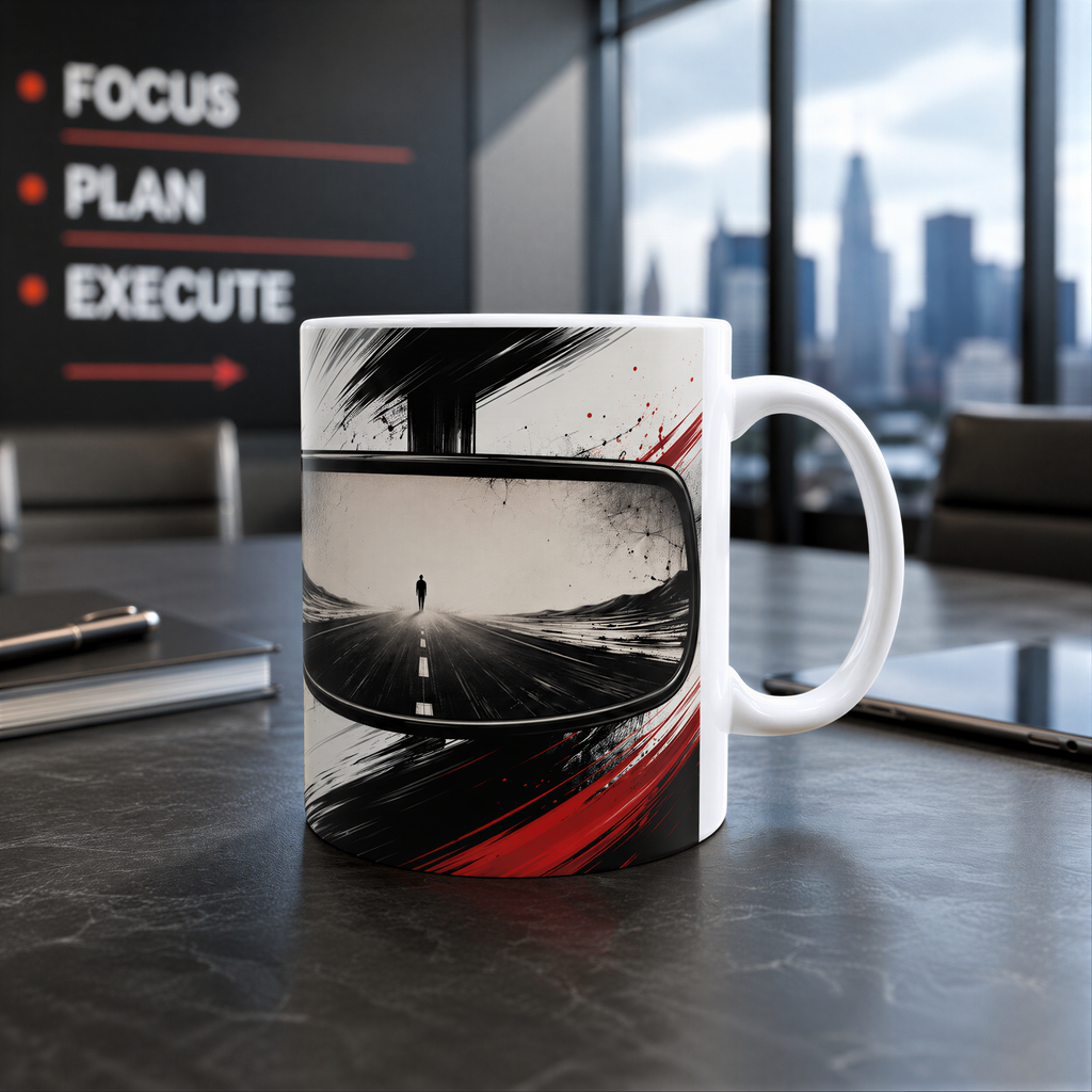 A white mug with a black and red abstract design sits on a desk in an office setting, with a city skyline visible through a window in the background.