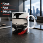 A white mug with a black and red abstract design sits on a desk in an office setting, with a city skyline visible through a window in the background.