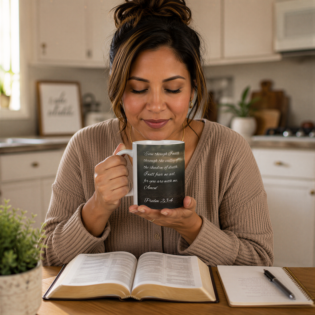 A woman sits at a kitchen table, holding a mug with text on it, while an open book and a notebook are also present on the table.