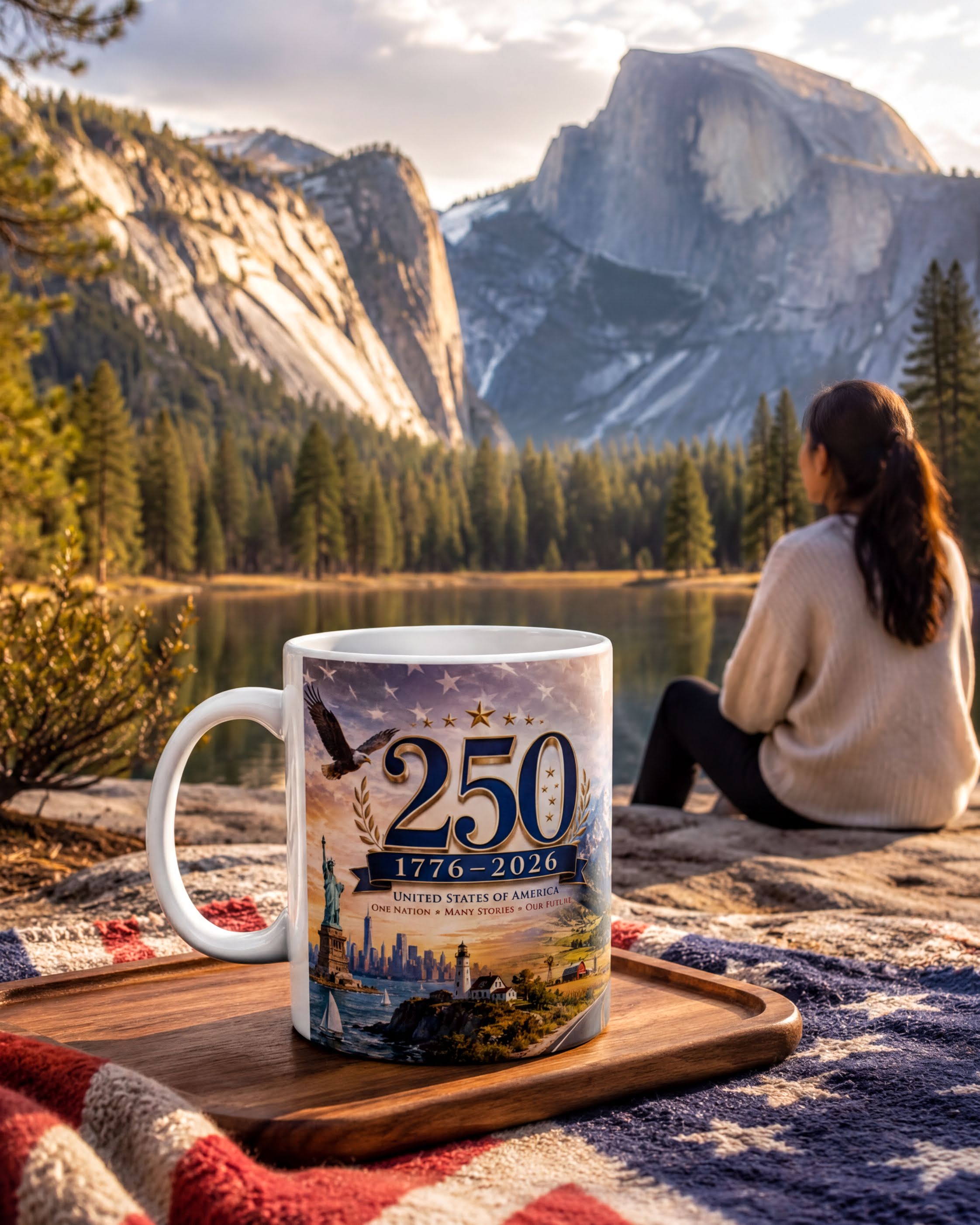A white mug with a design featuring a mountain and a person sitting on a blanket, with a scenic mountain landscape in the background.