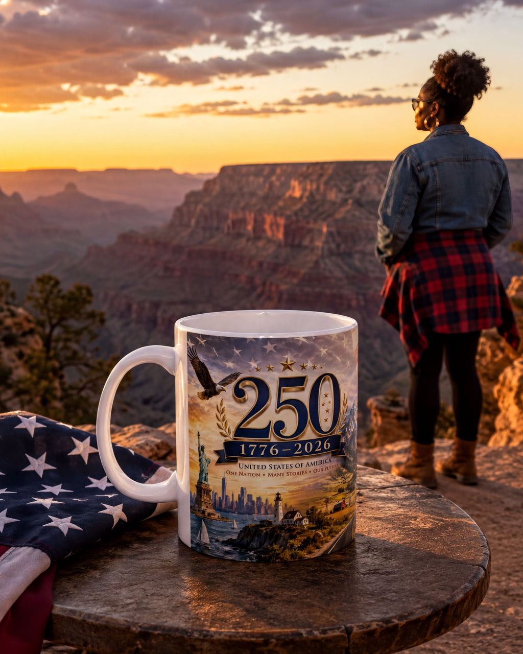 A mug with a design featuring the Statue of Liberty and the United States Capitol, along with the text "250 1776-2026", is placed on a wooden table in front of a breathtaking view of the Grand Canyon at sunset.