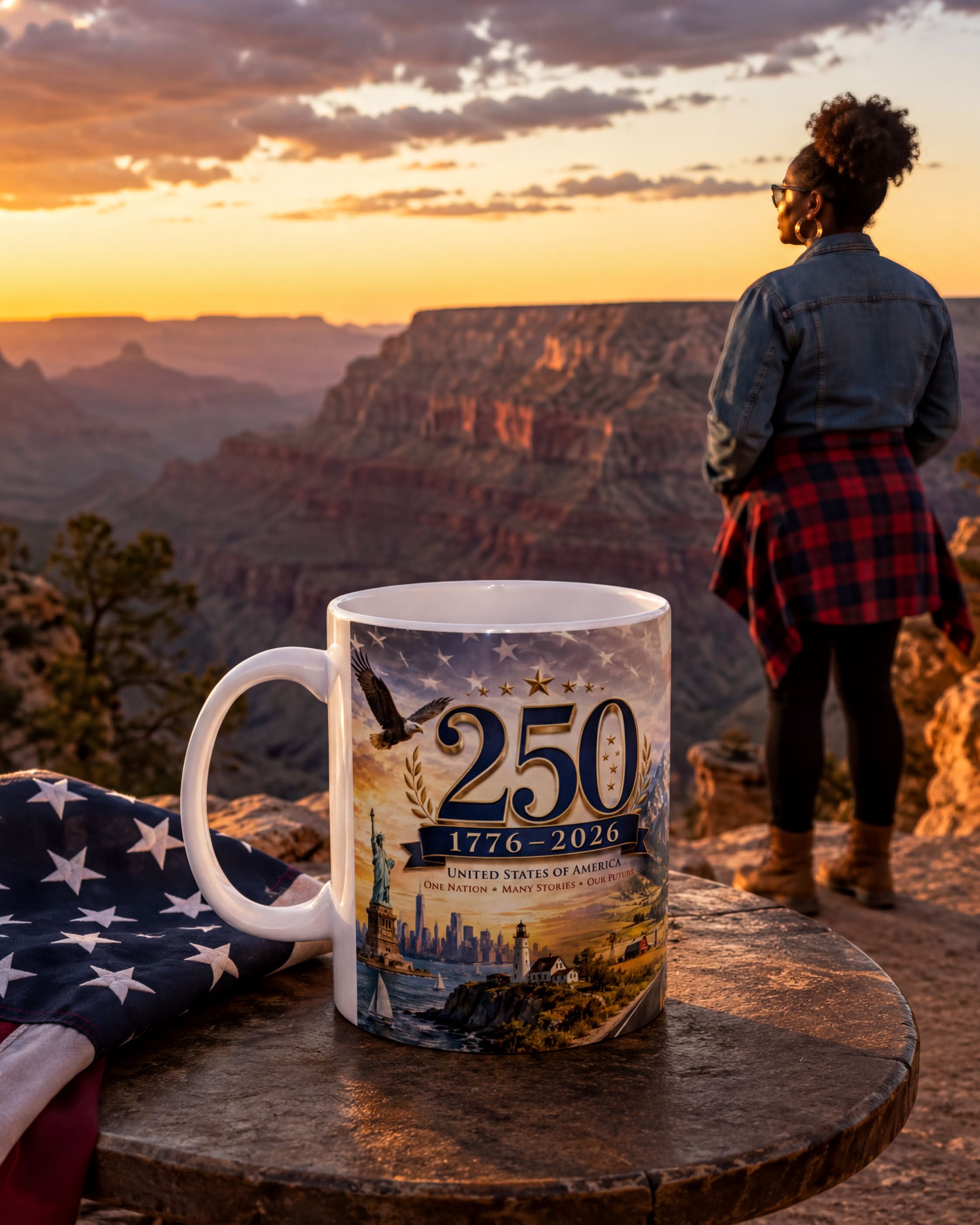 A mug with a design featuring the Statue of Liberty and the United States Capitol, along with the text "250 1776-2026", is placed on a wooden table in front of a breathtaking view of the Grand Canyon at sunset.