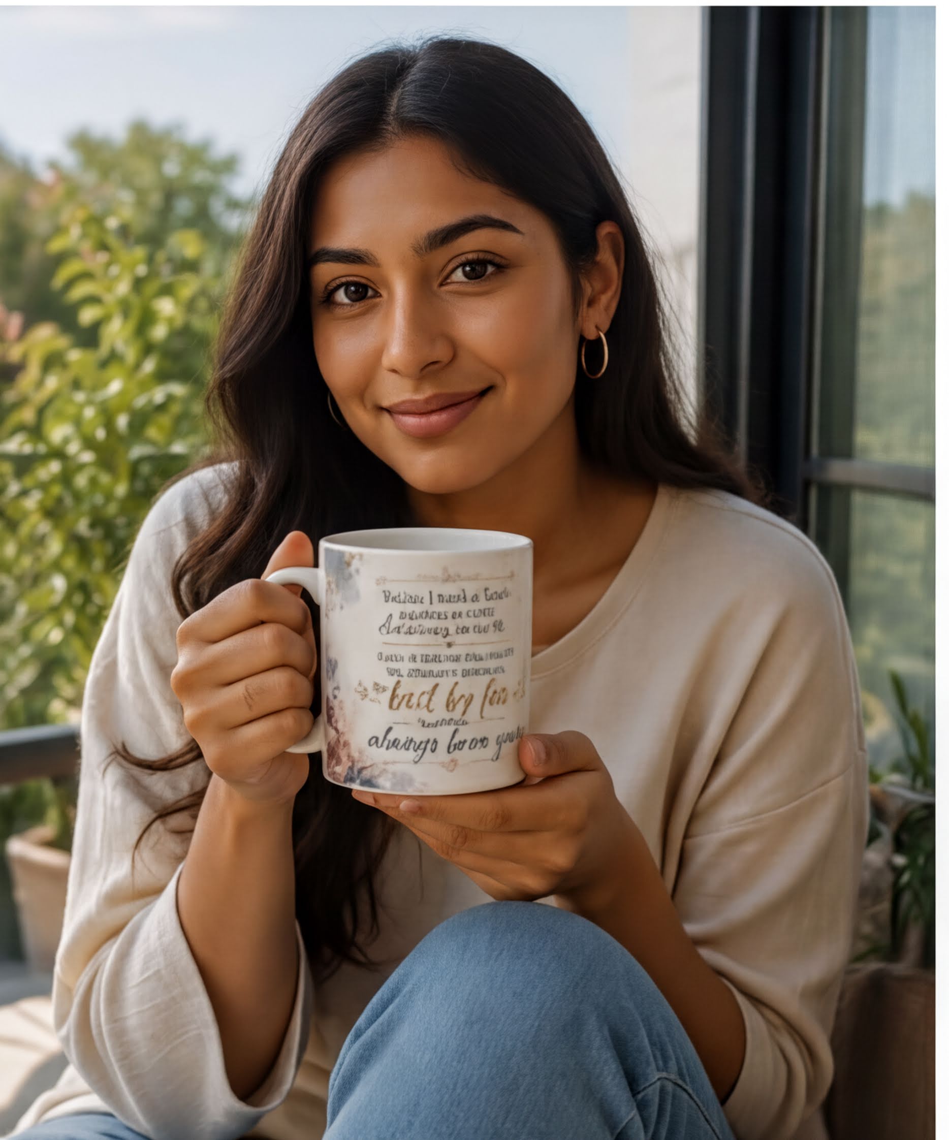 A young woman with long dark hair is sitting on a bench, holding a mug with text on it. She is smiling and looking directly at the camera.