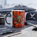 a mug with a design of the U.S. Air Force seal, a black notebook, a pen, a hat, and a map, all arranged on a desk.