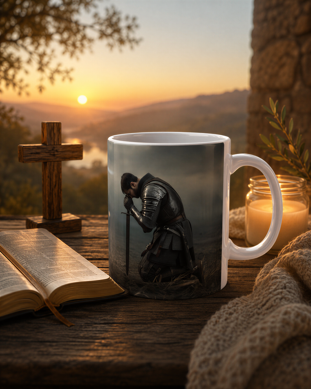 A mug with a knight on a cross, a book, a candle, and a blanket are arranged on a wooden surface, with a scenic sunset in the background.