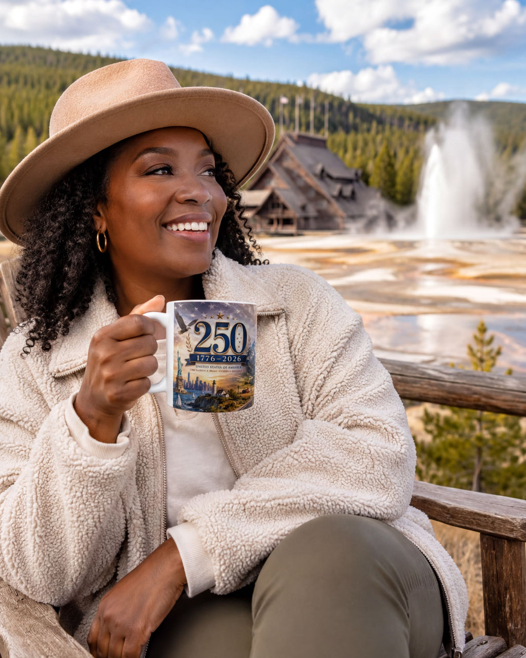 A woman in a tan hat and jacket is sitting on a wooden bench, holding a mug with a picture of a building and the number "250" on it. In the background, there is a waterfall and a forested area.