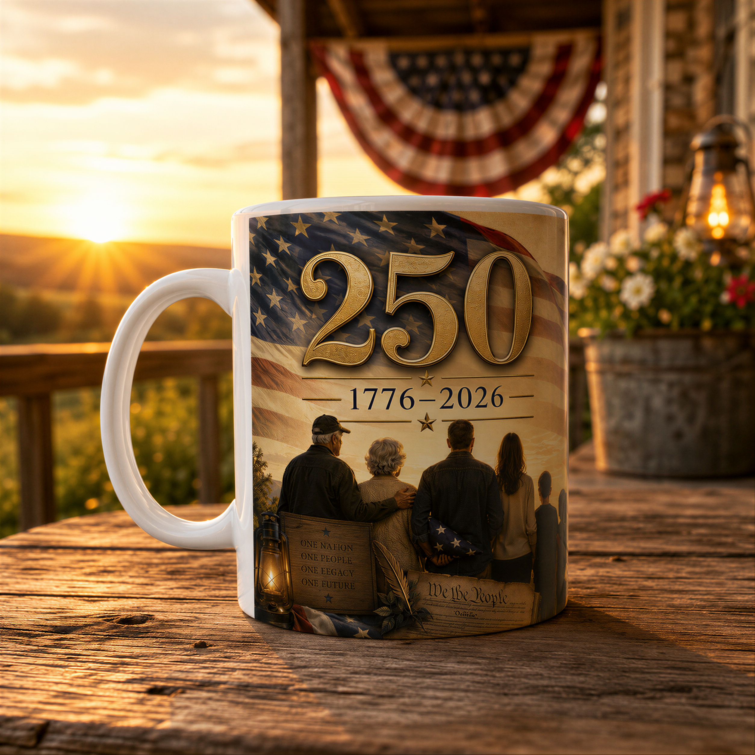 A white mug with a printed design featuring a group of people and an American flag, along with the text "250 1776-2026" and "We are one nation, one people, one future".