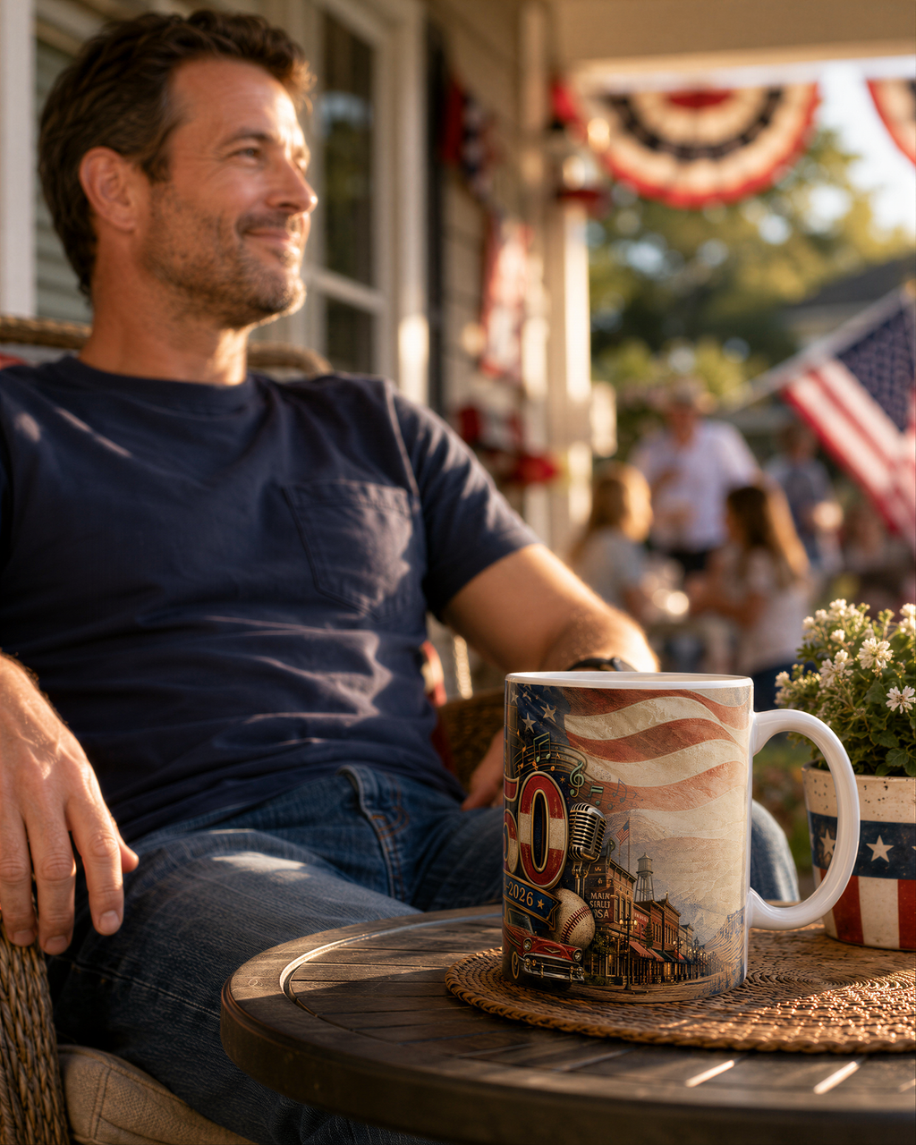 A man is sitting on a porch, smiling and holding a mug with an American flag design.