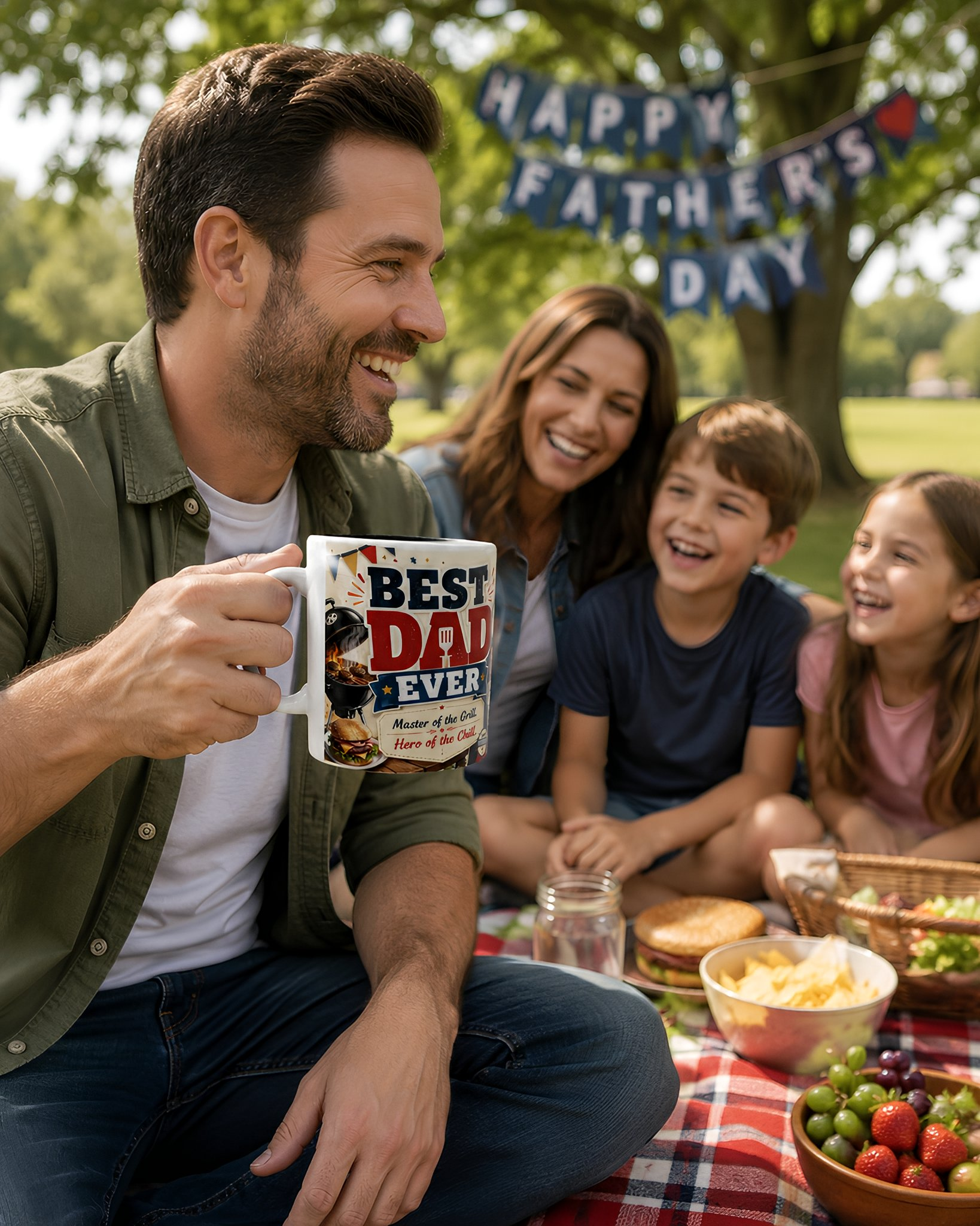 A man holding a mug with a "Best Dad Ever" message is sitting on a picnic blanket with a family of four, including two children and a woman, in a park setting.