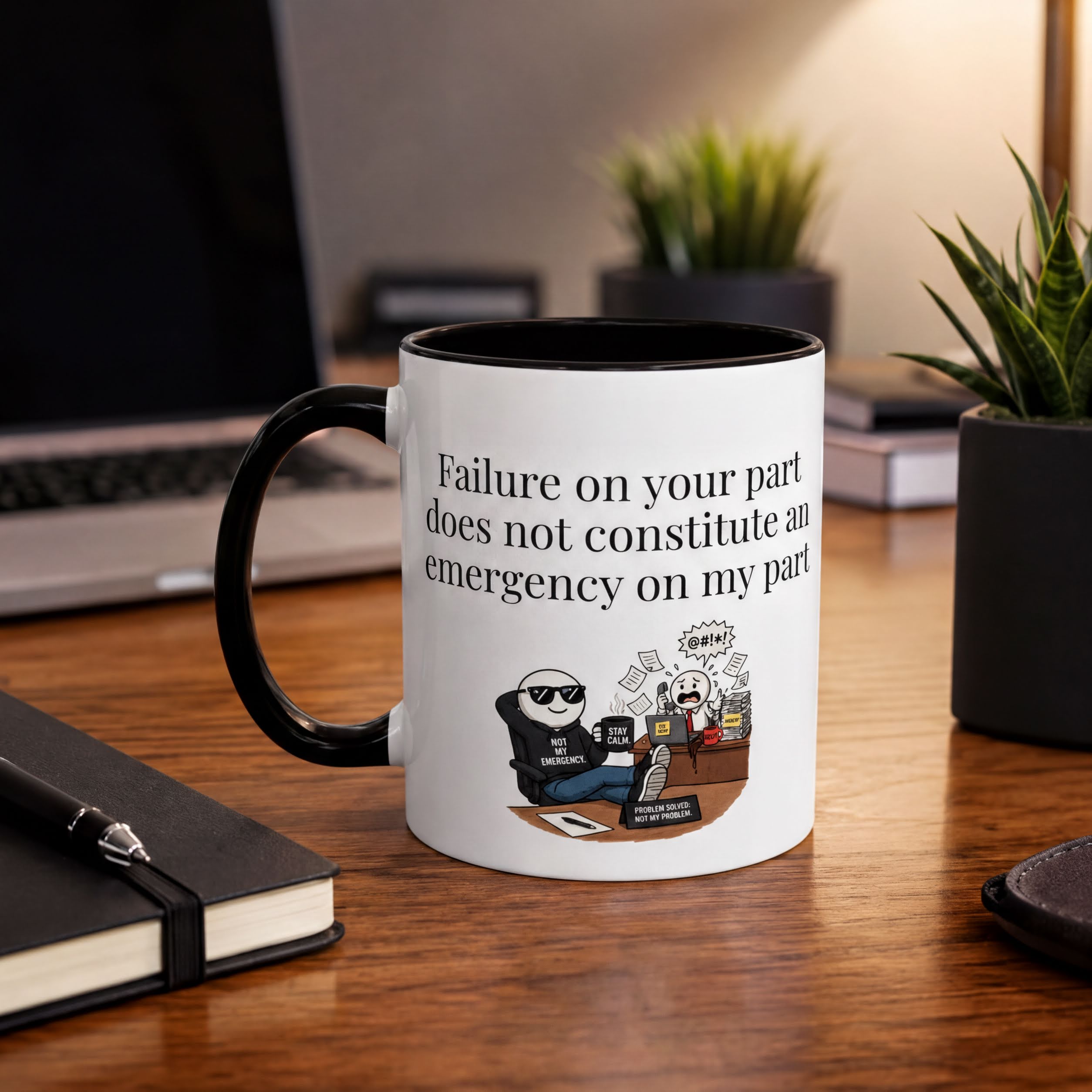 A white mug with a black handle, featuring a cartoon character and text that reads "Failure on your part does not constitute an emergency on my part".