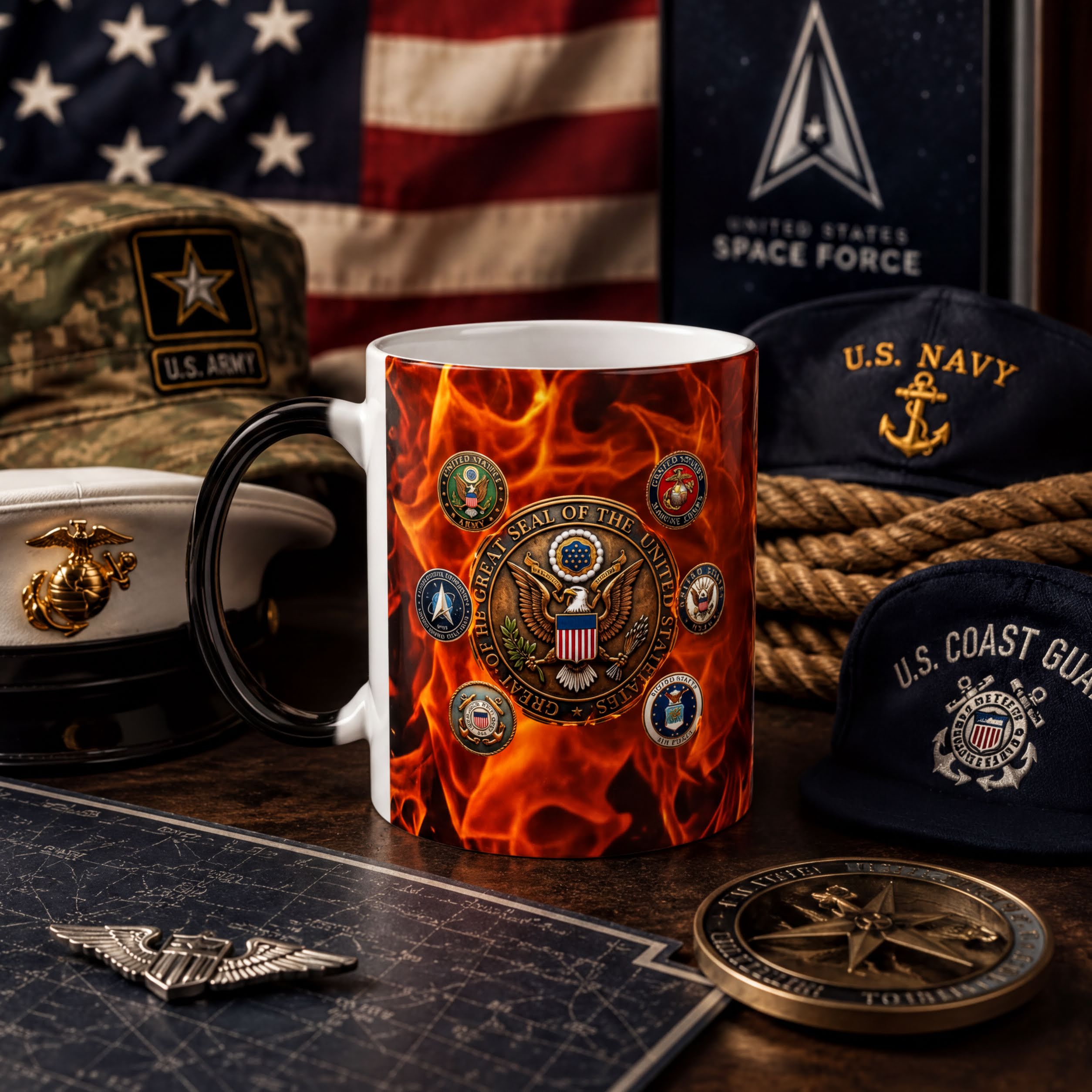 various military memorabilia, including a mug with a flame design, a U.S. Army hat, a U.S. Navy hat, a U.S. Coast Guard hat, and a United States Space Force insignia.