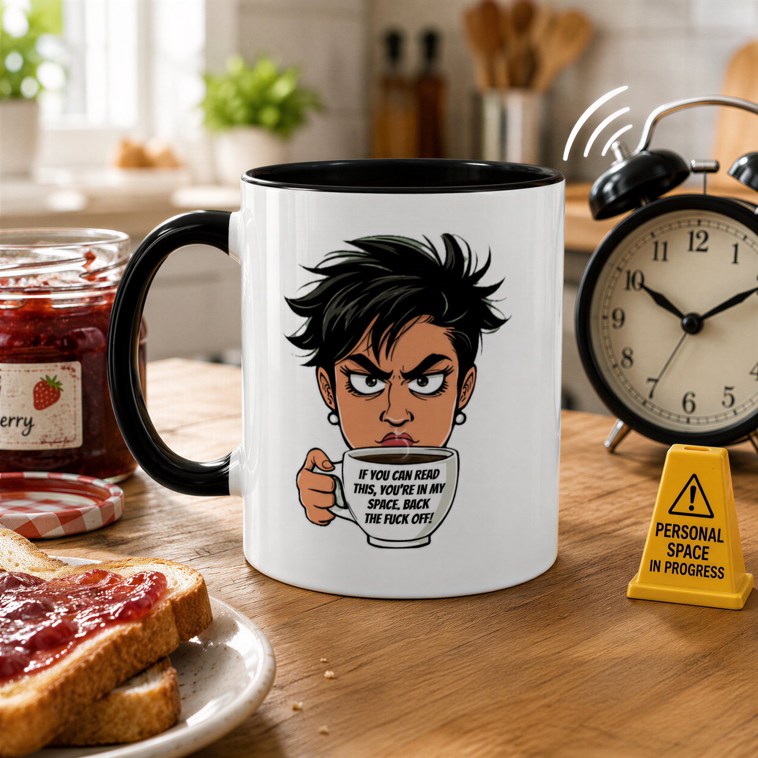 a mug with a cartoon character holding a coffee mug, accompanied by a plate of toast and a jar of jam on a wooden table. There is also a yellow warning sign in the background.