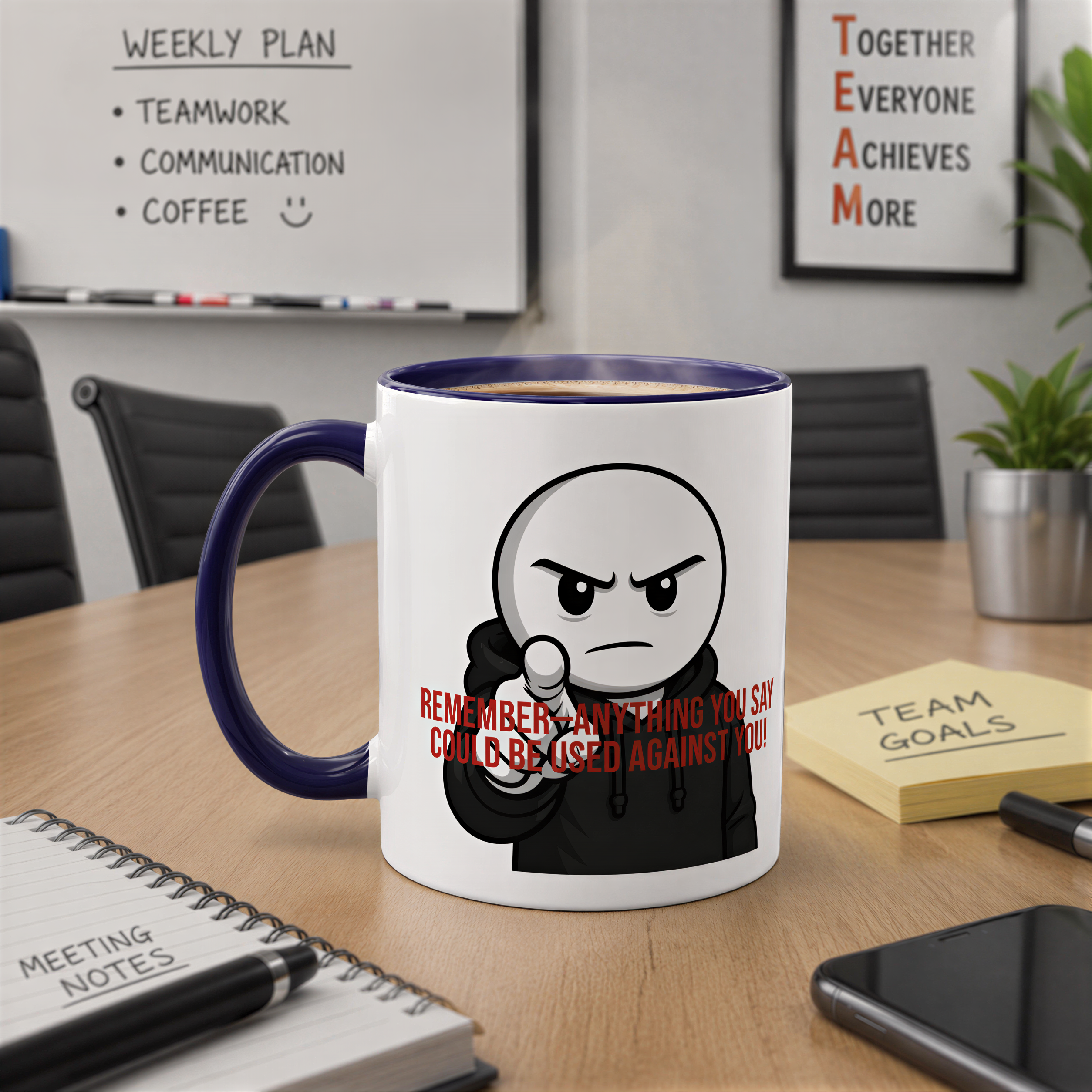 a coffee mug with a cartoon character on it, placed on a wooden table in an office setting. There are also some notes, a smartphone, and a plant visible in the scene.