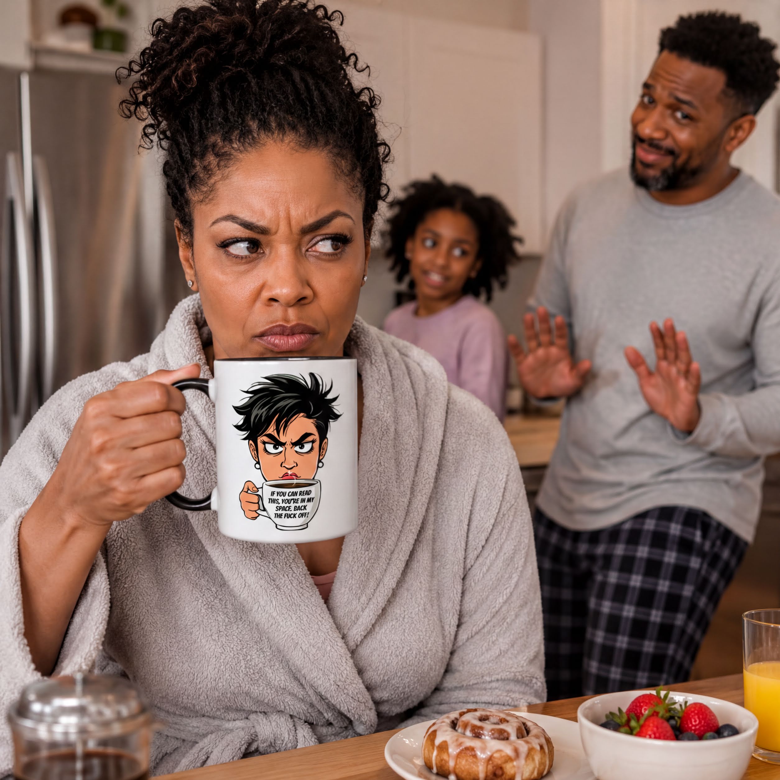 A woman in a gray robe holding a coffee mug with a cartoon character on it, sitting at a table with a man and a child in the background.