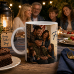 A family photo mug with a picture of a man and his family, surrounded by a festive atmosphere with candles, a cake, and other holiday decorations.