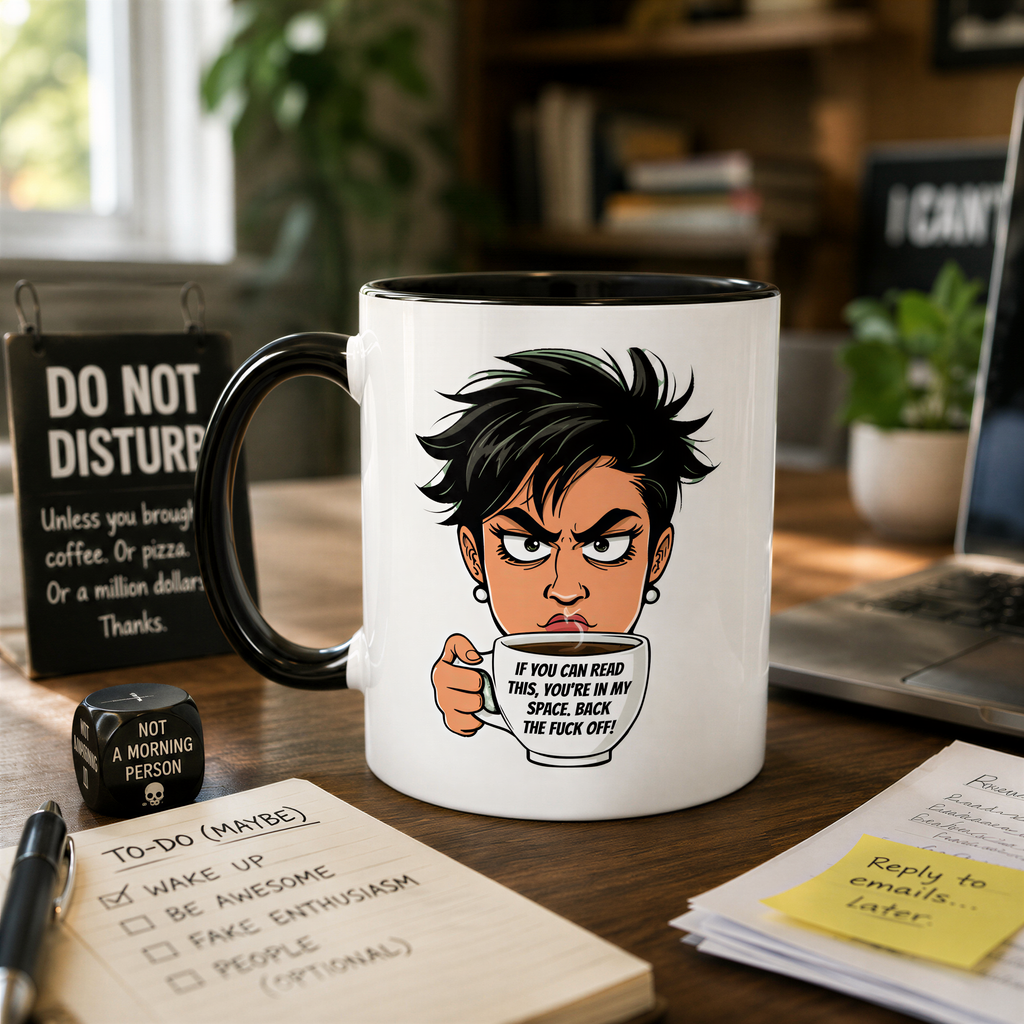 a mug with a cartoon character holding a coffee mug, placed on a desk with a laptop, a notepad, and a sign.