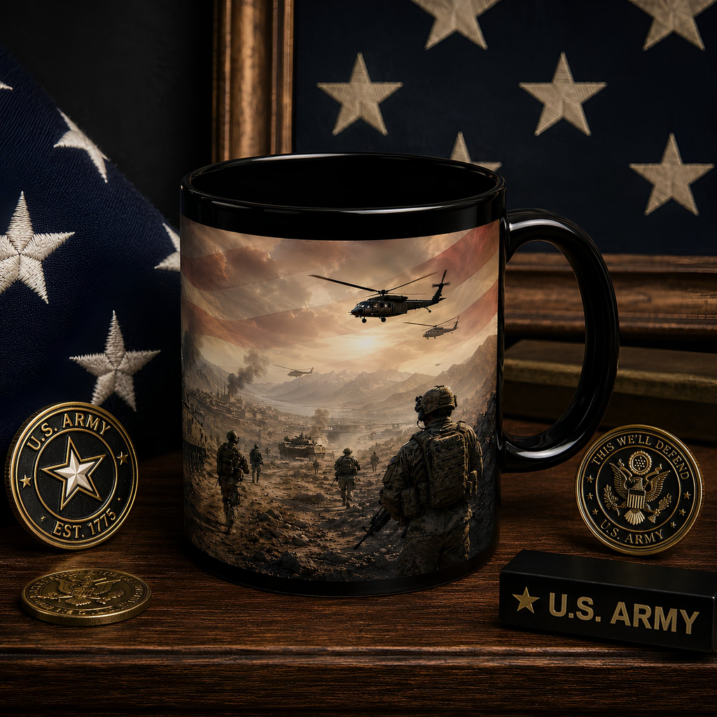 a black mug with a military scene printed on it, surrounded by various military memorabilia such as coins, a flag, and a framed picture.