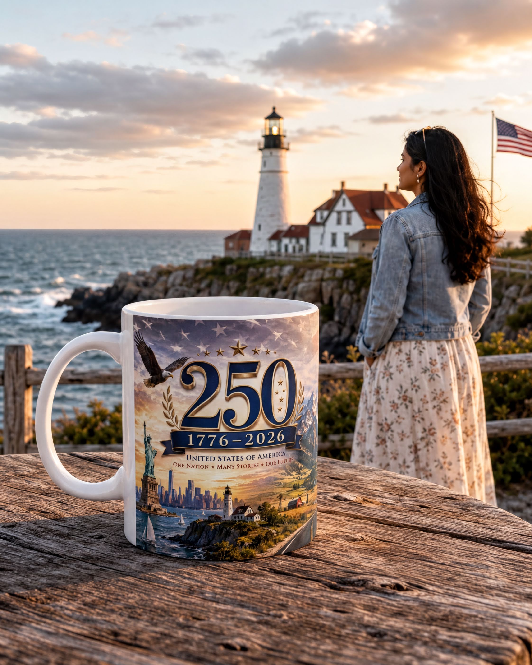 A woman stands near a lighthouse, overlooking the ocean, with a mug featuring a design of the Statue of Liberty and the text "250 1776-2026 United States of America" in the foreground.