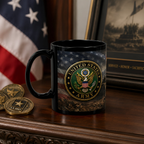 A black mug with the United States Army seal on it, placed on a wooden surface next to some coins and a framed picture.