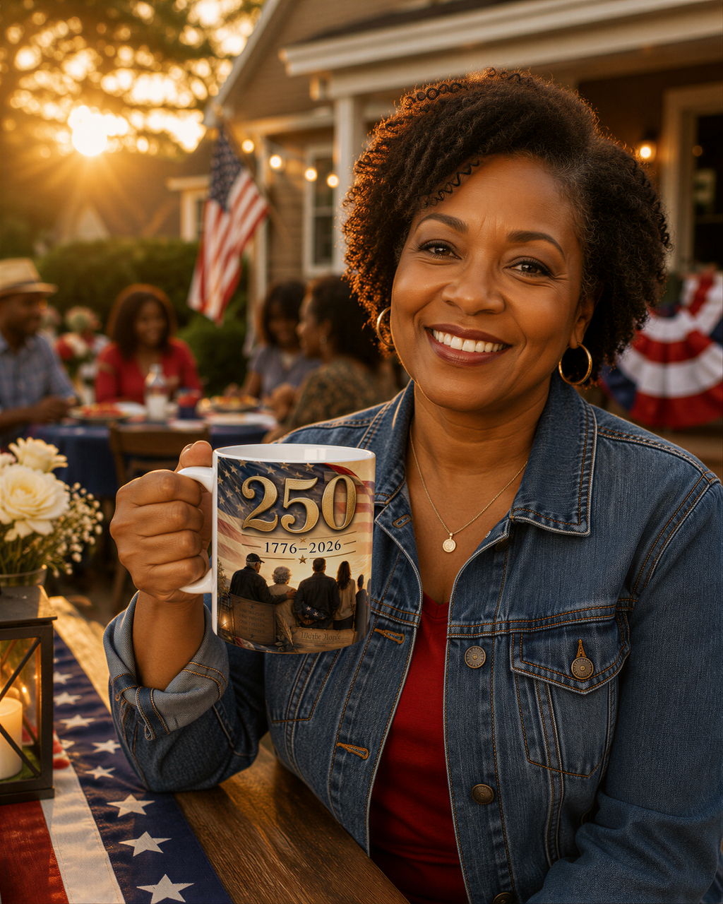 A woman is smiling and holding a mug with the number "250" printed on it, standing in front of a table with an American flag and other people in the background.