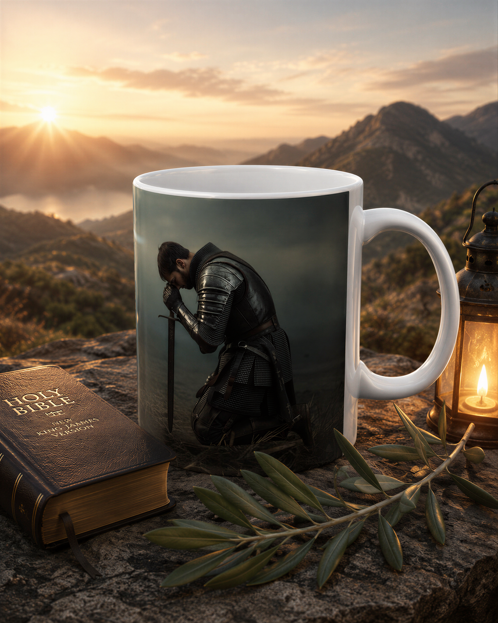 A mug with a knight in armor kneeling in front of a mountain landscape, with a lit lantern and a book of the Bible nearby.