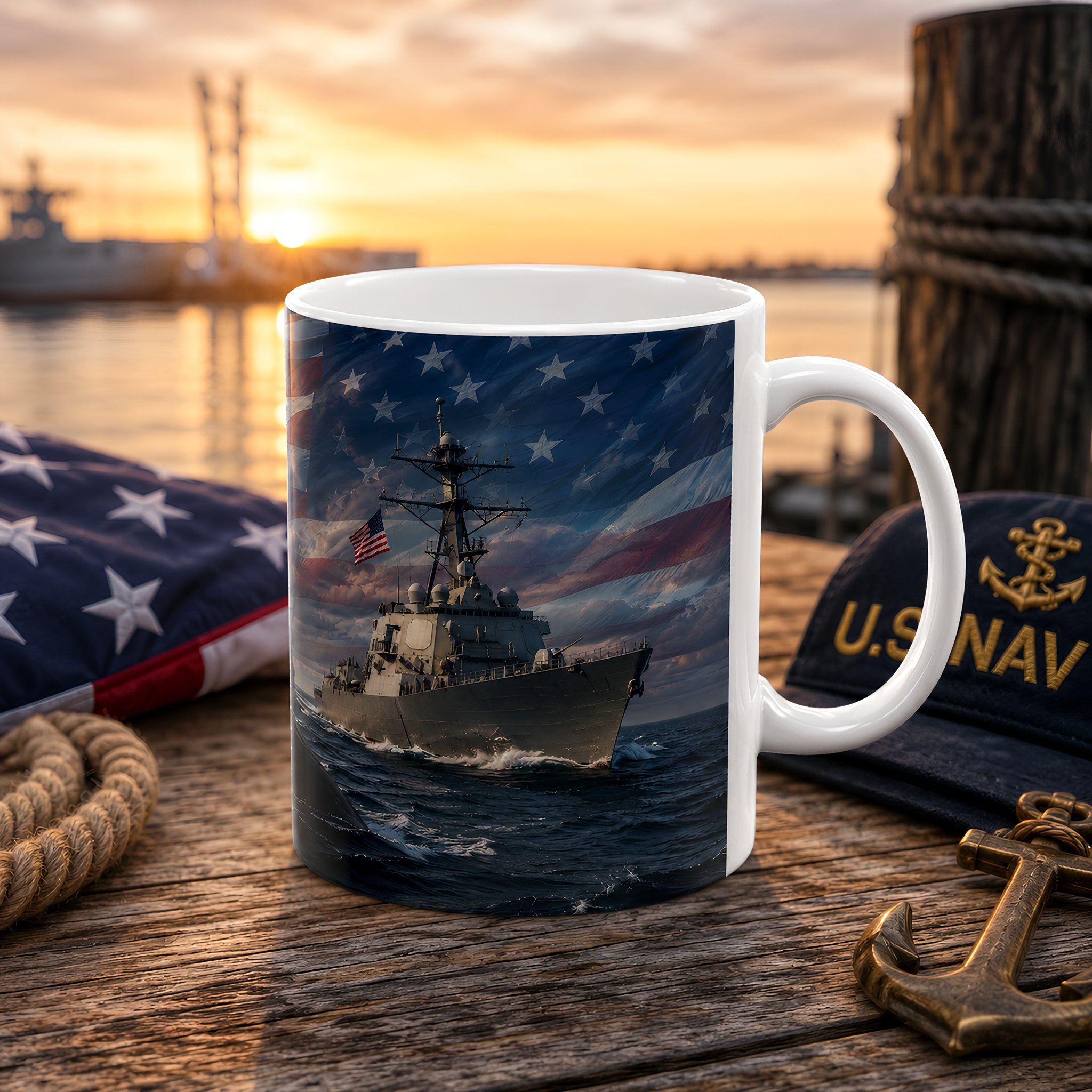 A mug featuring a naval ship sailing on the ocean, with an American flag in the background, is placed on a wooden surface.