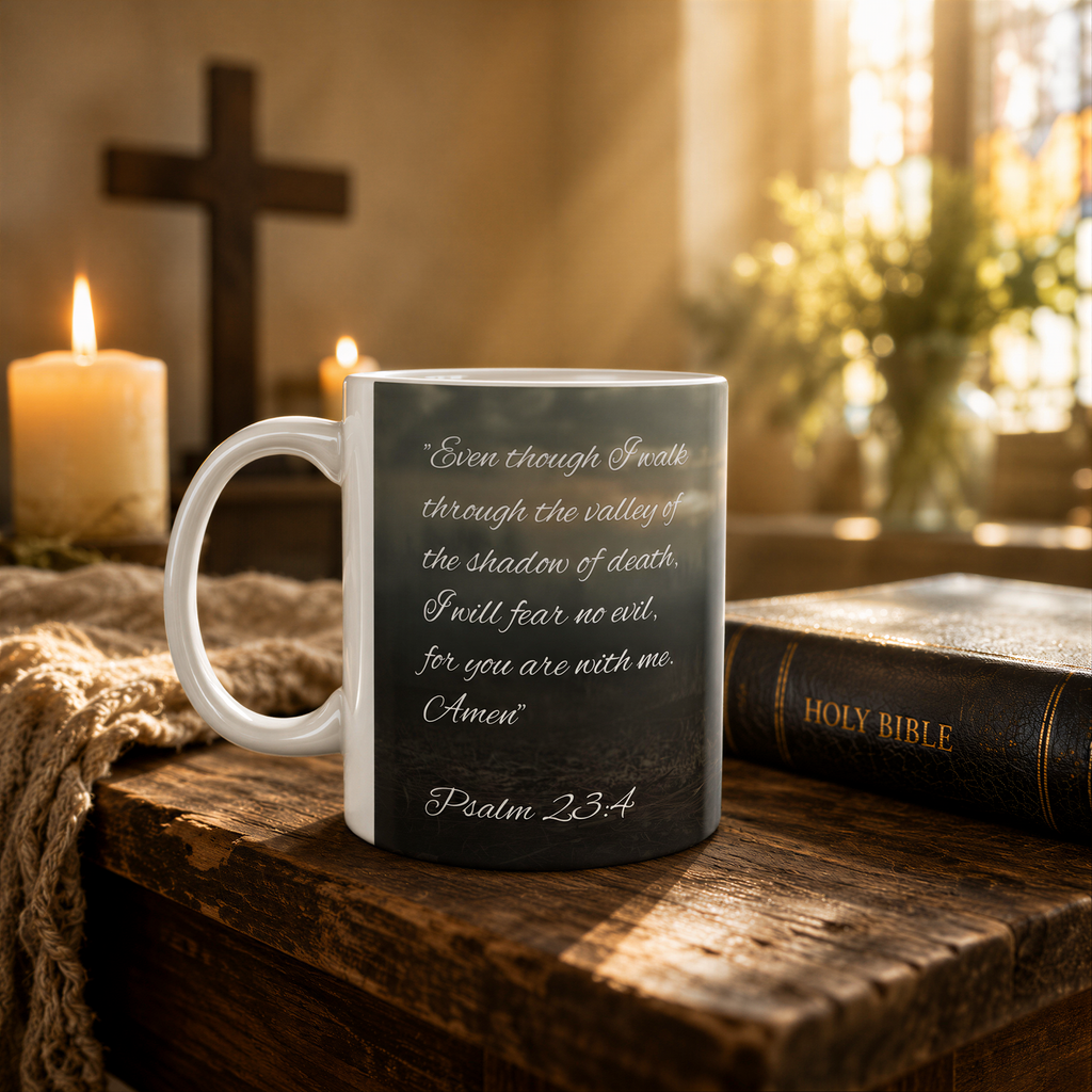 A white mug with a black and white Bible verse printed on it, placed on a wooden surface with a lit candle and a vase of flowers in the background.
