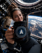 A woman is holding a mug with the United States Space Force logo, which is a symbol of the United States' space force.