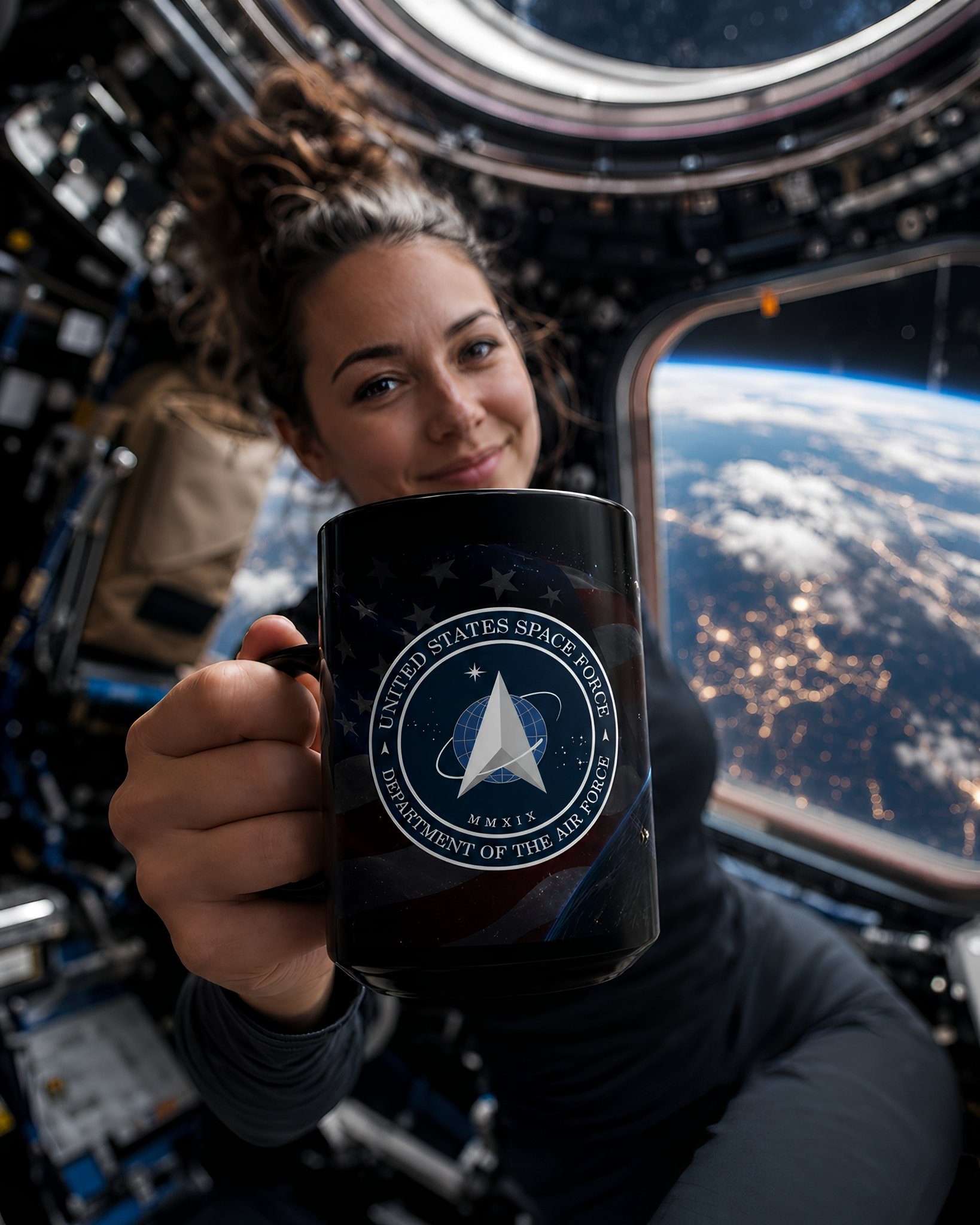 A woman is holding a mug with the United States Space Force logo, which is a symbol of the United States' space force.