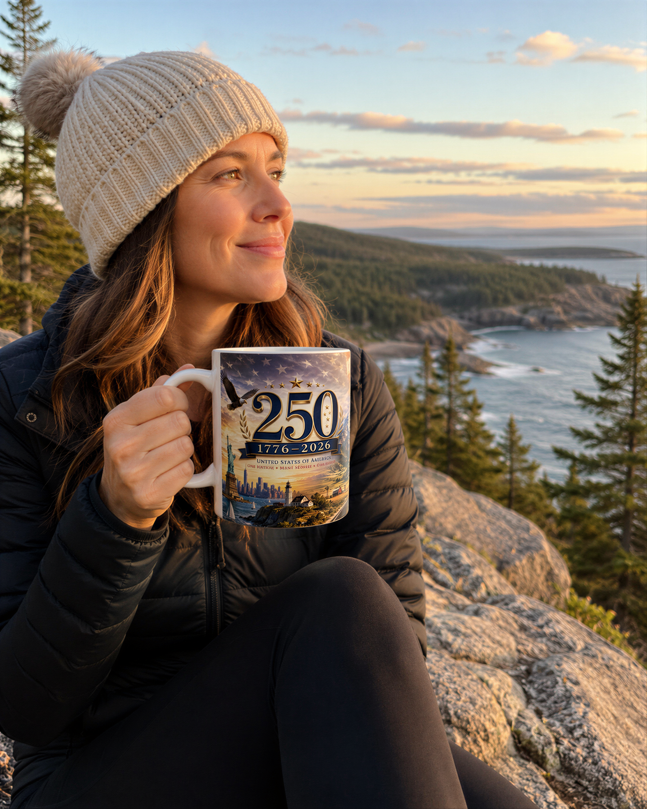 A woman in a winter hat and jacket sits on a rocky cliff, holding a mug with a design of a city skyline.
