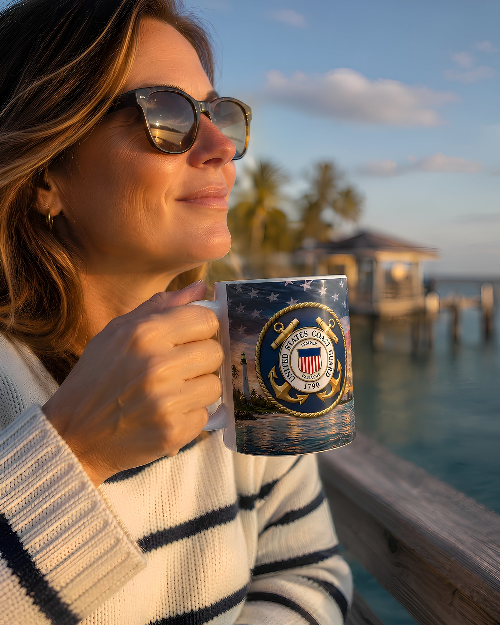 A woman wearing sunglasses and a striped sweater is holding a mug with a navy seal emblem, standing near a body of water with palm trees in the background.