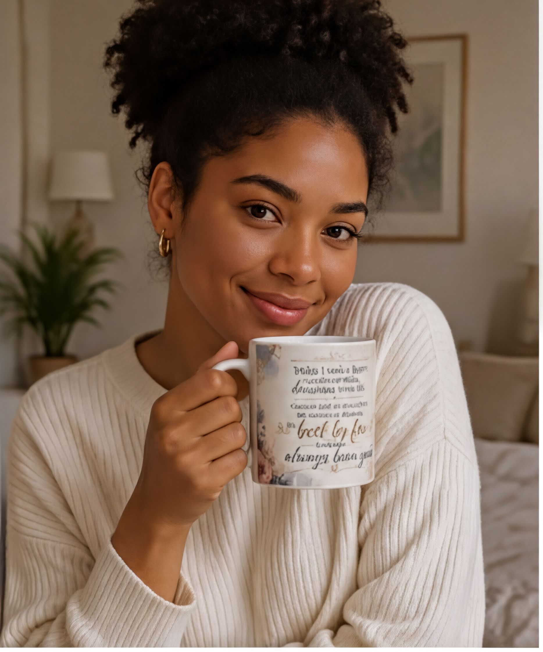 A young woman with curly hair is holding a white mug with text on it, smiling and looking directly at the camera.