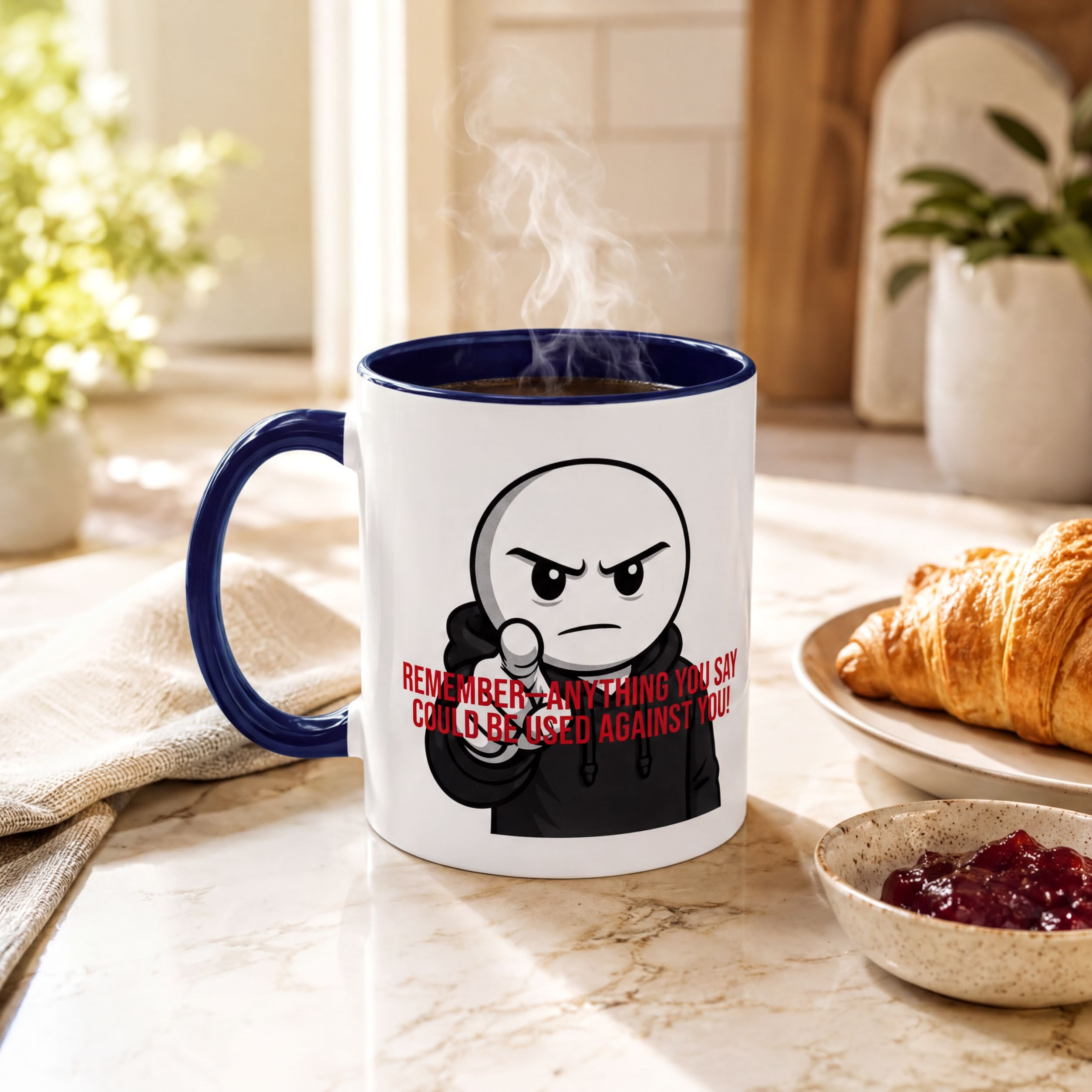 A mug with a cartoon character and text on it, placed on a table with a plate of food and a bowl of jam nearby.