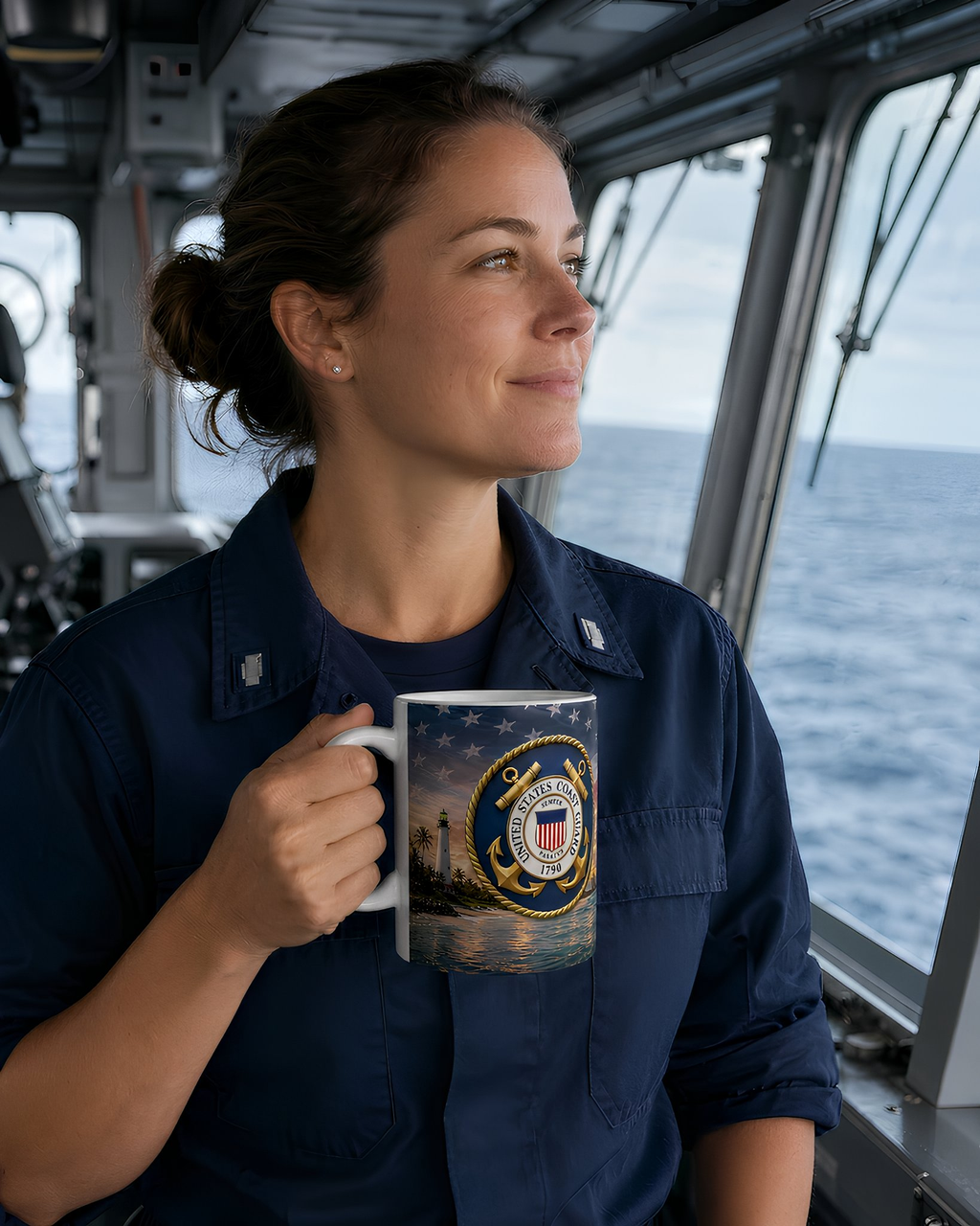 A woman in a navy blue uniform holding a mug with a navy seal emblem, looking out a window at the ocean.