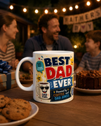 A mug with a humorous design sits on a table, surrounded by cookies and a cake, with a family enjoying the celebration.