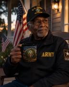 An elderly man wearing a black jacket with "ARMY" printed on it, a black baseball cap, and holding a mug with the United States Army seal.