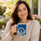 A woman is sitting outdoors, holding a mug with the United States Air Force seal on it.