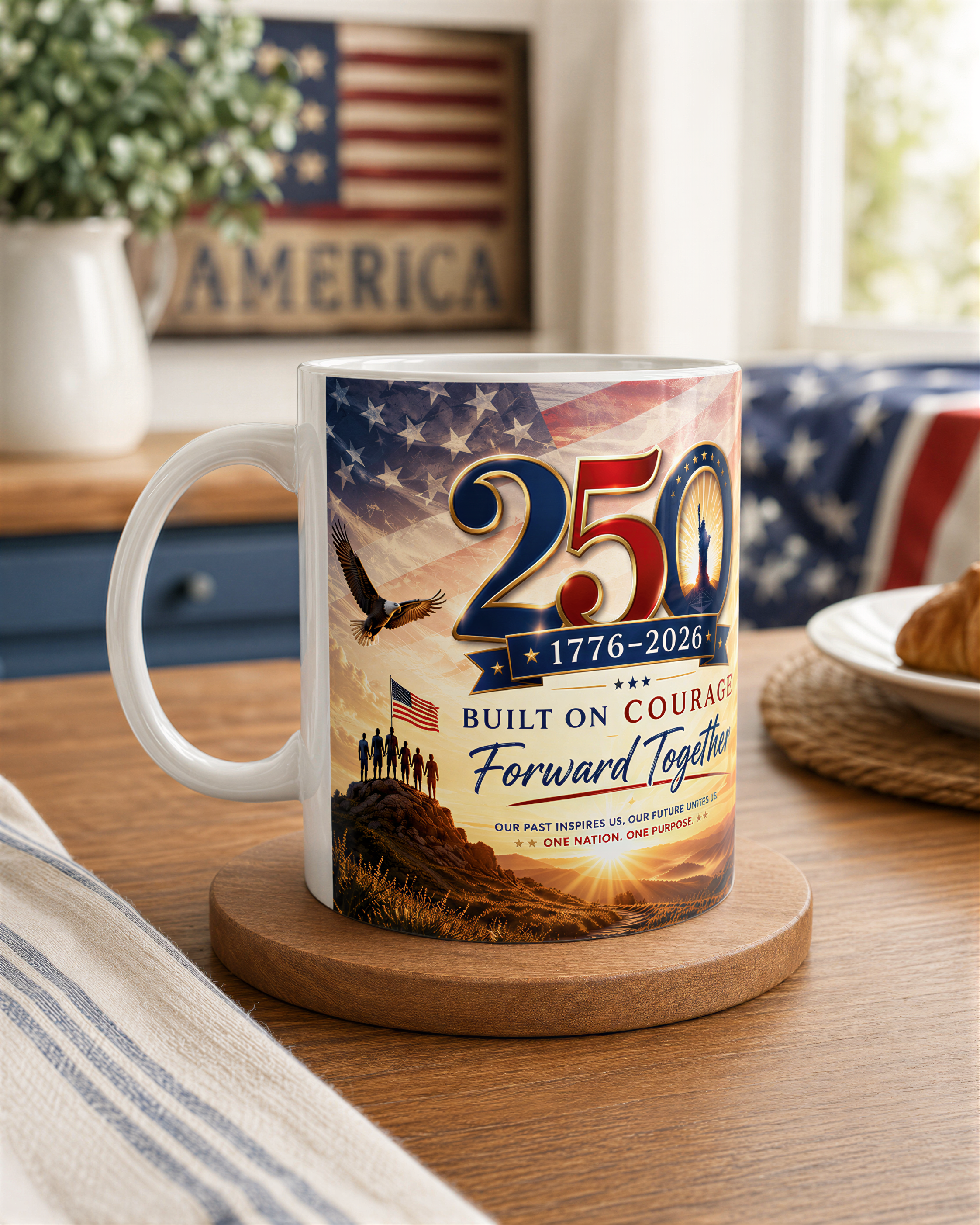 A white mug with a patriotic design celebrating the 250th anniversary of the United States, featuring an American flag, eagle, and people standing together.