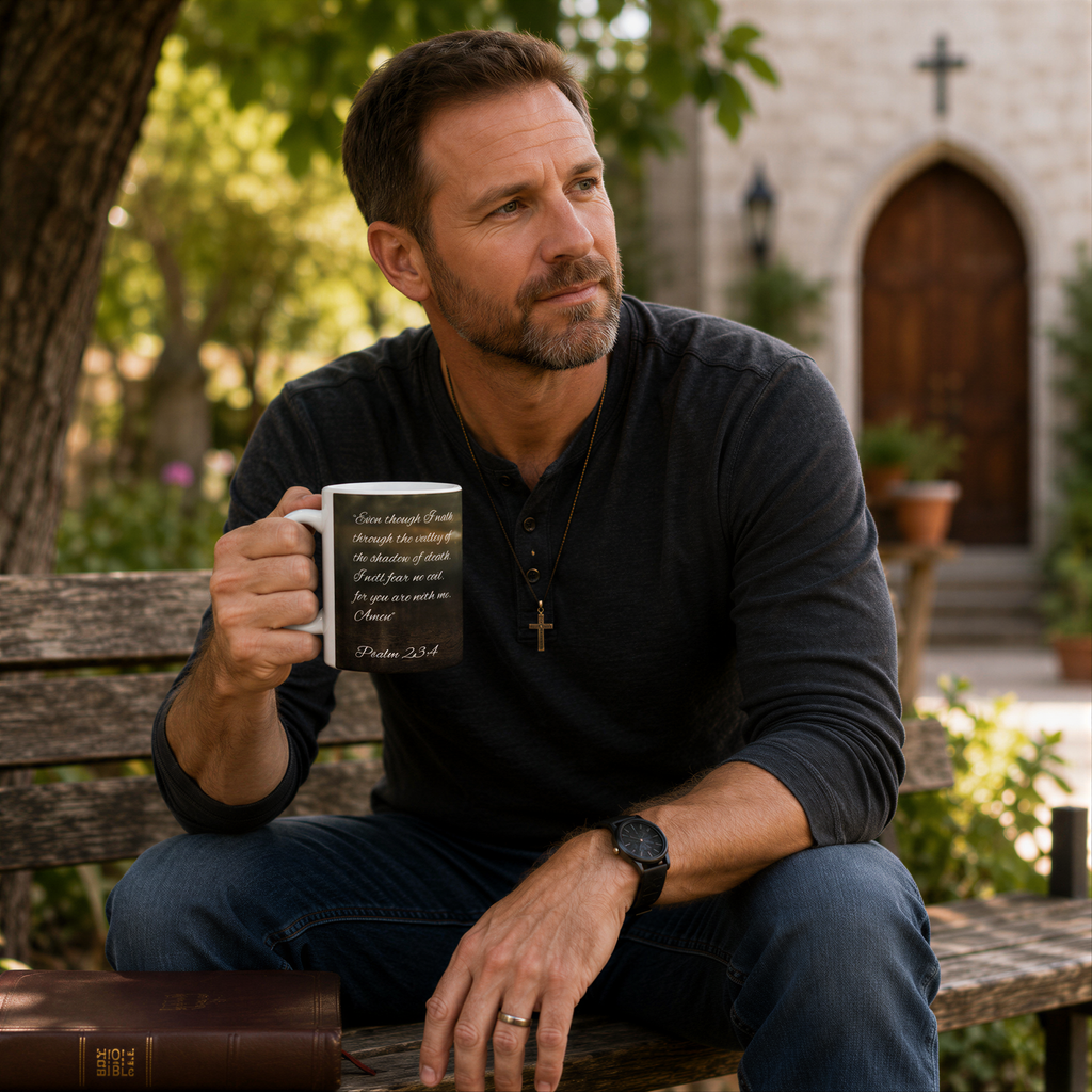 A man sits on a bench, holding a mug with a Bible verse and a cross necklace, surrounded by greenery and a stone building.