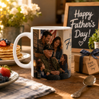 A white mug with a printed photo of a family sitting together, surrounded by pancakes, fruit, and a "Happy Father's Day!" sign.