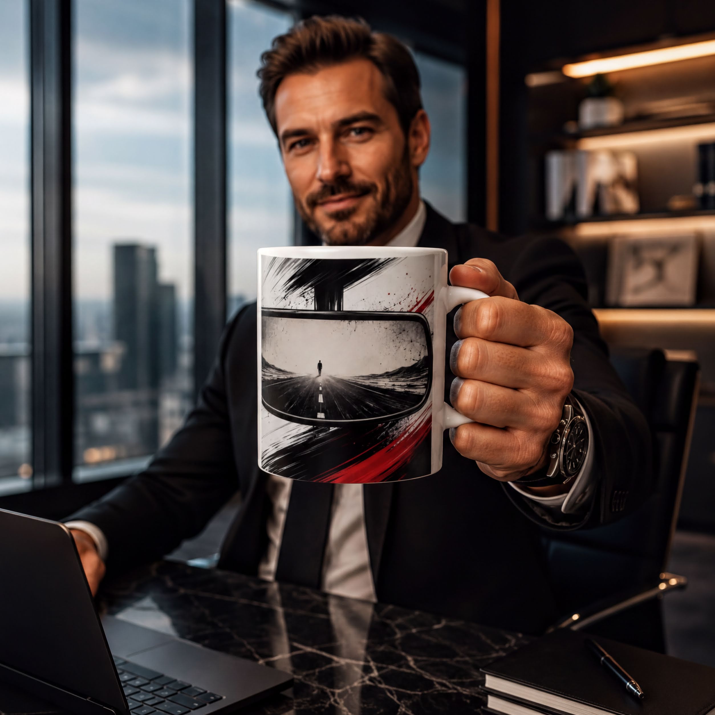 A man in a suit is sitting at a desk, holding a mug with an image of a car on it, while looking at the camera.