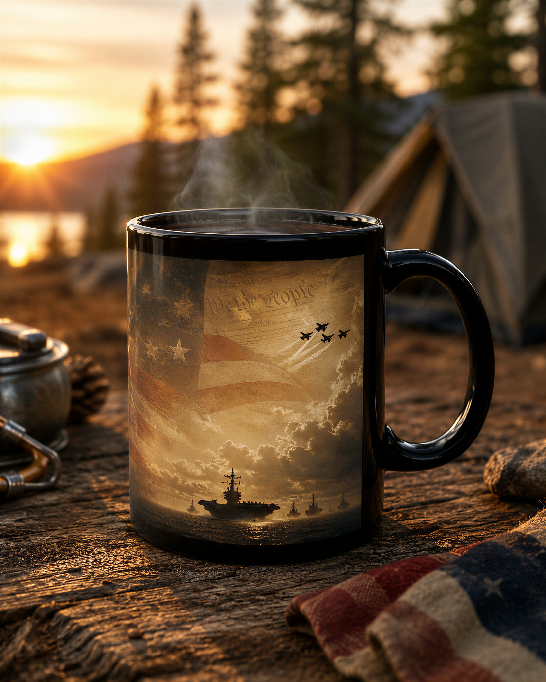 A black coffee mug with an American flag design sits on a wooden surface, with a tent and pine trees in the background, suggesting a camping or outdoor setting.