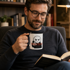 A man wearing glasses is sitting in a chair, holding a mug with a cartoon character on it, and reading a book.